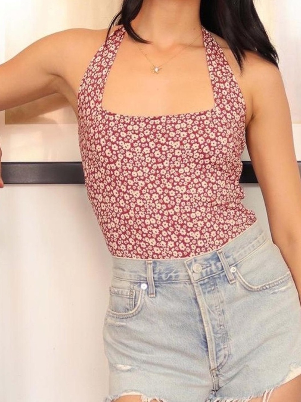 NWT Free People Floral Halter Square-Neck Bodysuit